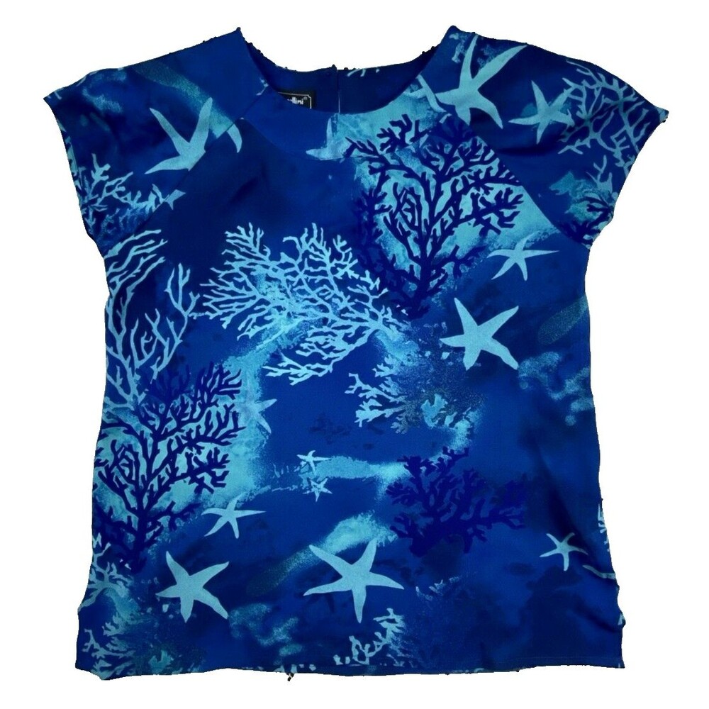 Borcellini Womens Sheer Blouse Size 14 Blue  Cap Sleeves Beachy Vacation Cruise